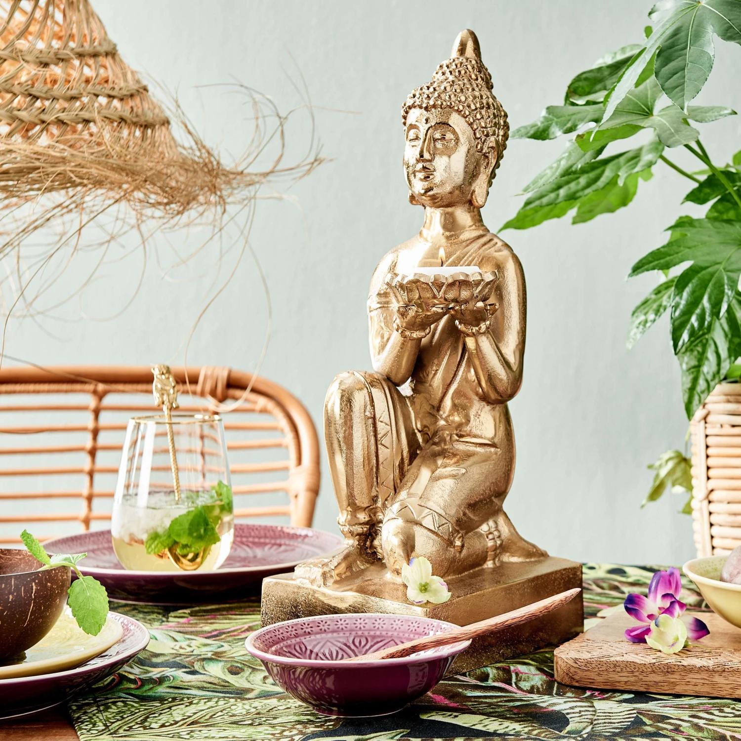 Statue Mit Kerzenteller Höhe 44cm BALI In Gold - Image 2